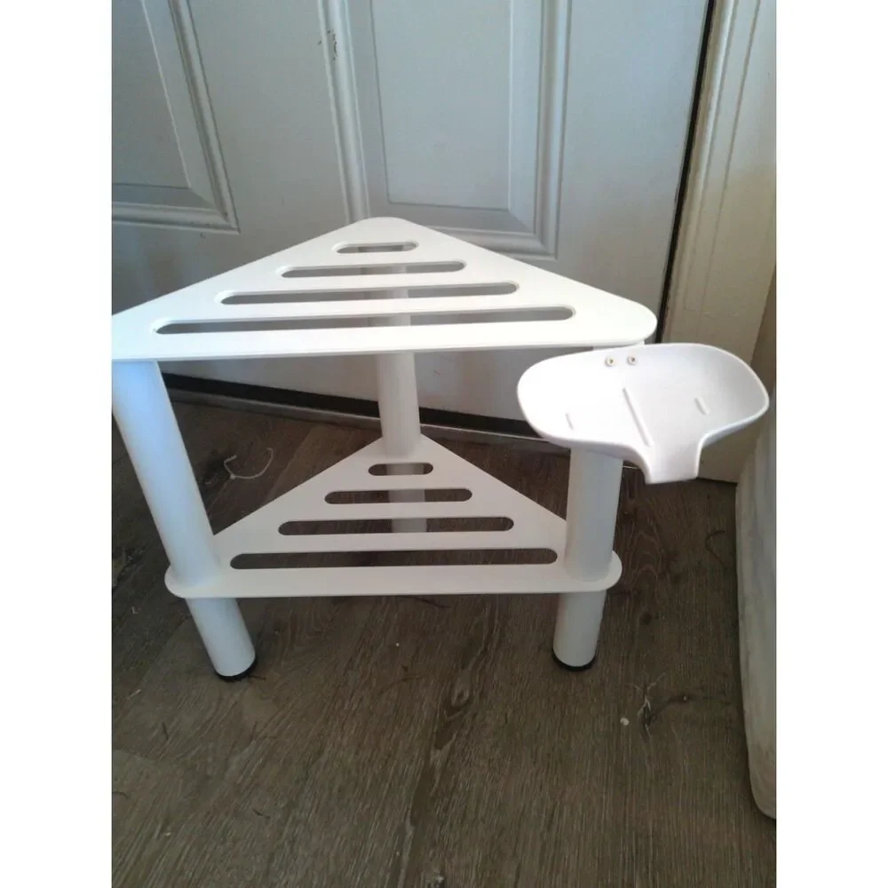 White Metal Corner Shower Foot Stool with Shelf & Soap Box